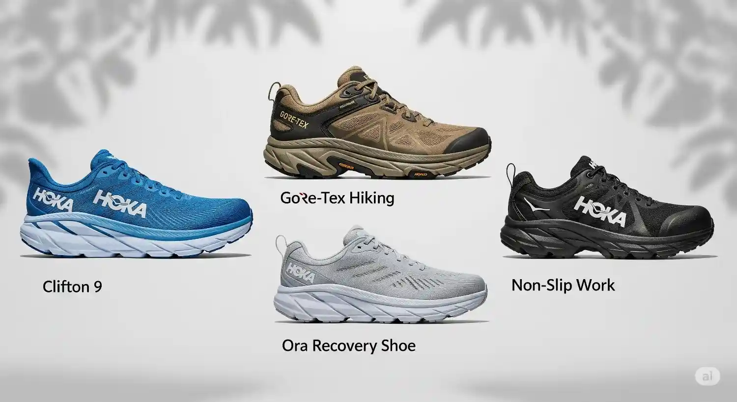 Collage of Hoka shoes including Clifton 9, Gore-Tex hiking model, non-slip work shoe, and Ora Recovery Shoe for various activities.
